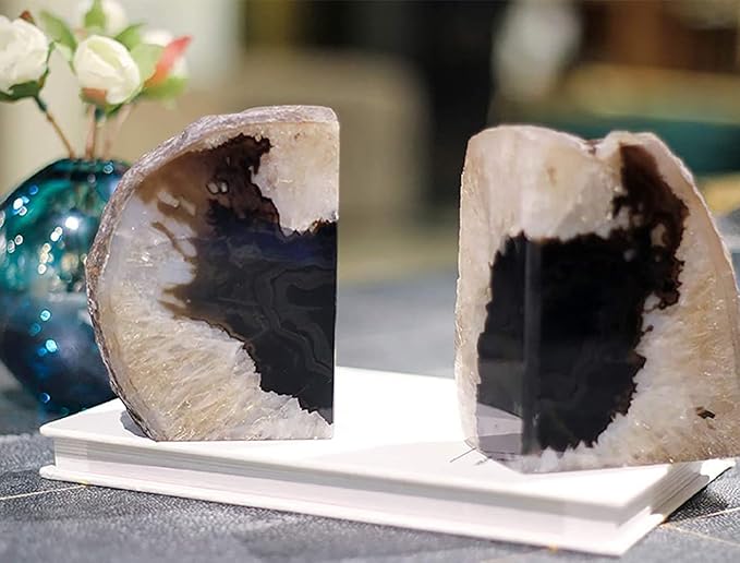 AMOYSTONE Crystal Stone Bookends Decorative Agate Book Ends Holder Geode Bookend Heavy Duty Natural Black Color (1 Pair, 4-6 LBS)