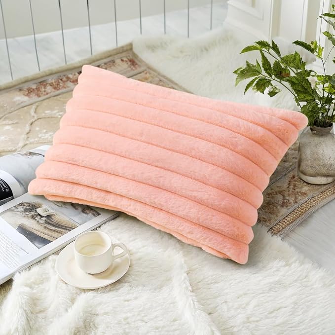 decorUhome Fall Faux Fur Throw Pillow Covers 12x20 Set of 2 Blush Pink | - Image 4