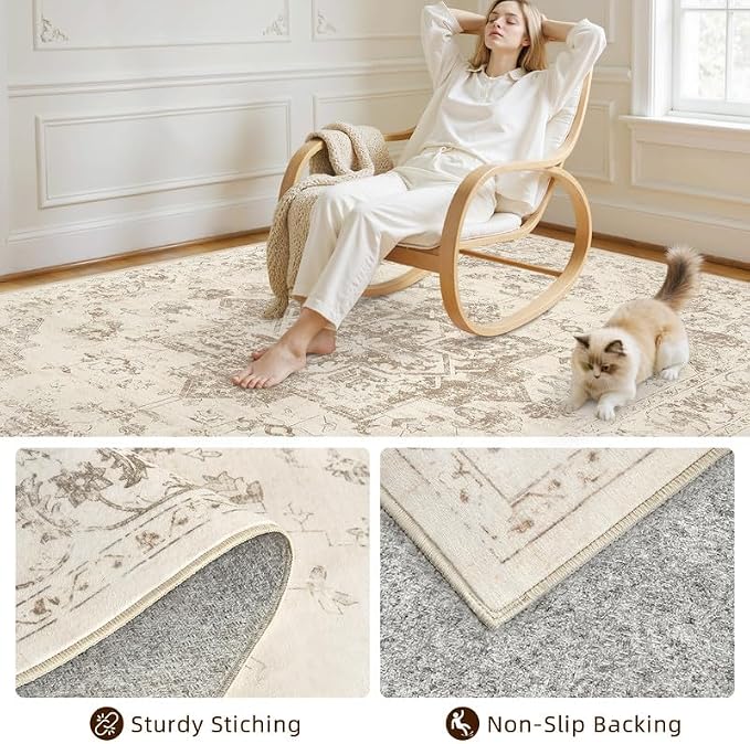 3x5 Area Rugs Living Room: Bedroom Washable Carpet Beige/Ivory | Vintage Boho - Image 4