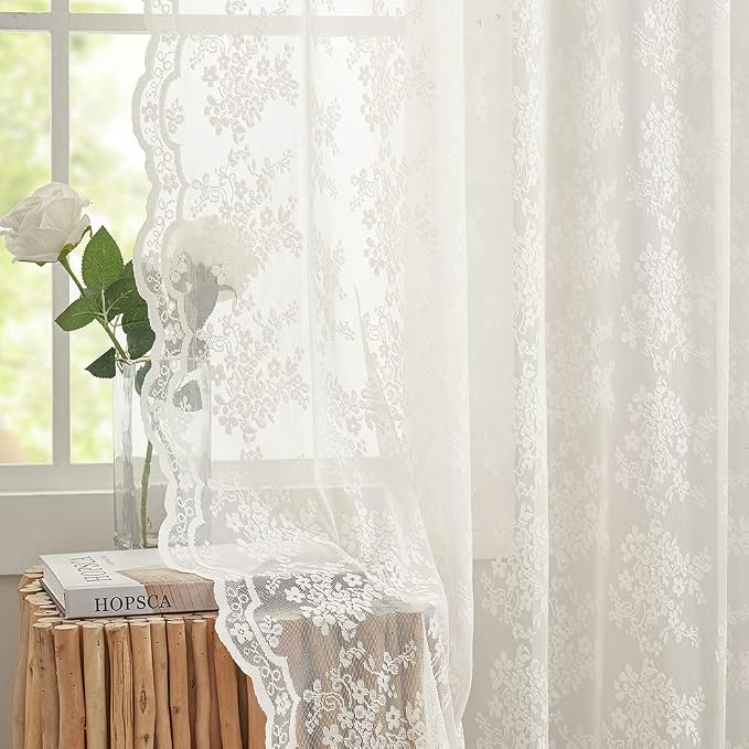 YJ YANJUN Vintage Lace Curtains 72 Inches Long- Antique Flowers Ivory Sheer by YJYANJUN