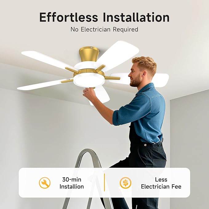 TALOYA Ceiling Fans with Lights and Remote, 46 Inch Low Profile Ceiling Fan with Light, Flush Mount, Reversible, 3CCT, Dimmable Modern Ceiling Fan for Bedroom, Living Room, Outdoor Patio, White Gold