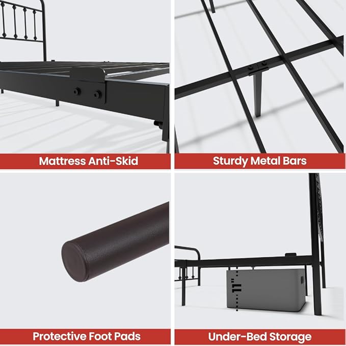 Golden Gate Beds Victorian Vintage Style Metal Bed Frame with Wrought Iron Headboard and Footboard, Classic Platform Bedframe with Storage, No Box Spring Needed, Mattress Foundation, Black, Full Size