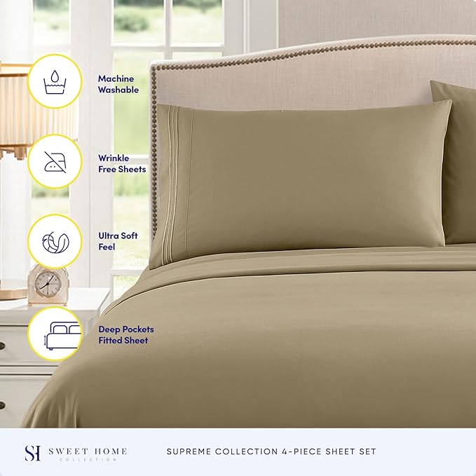 Twin XL Sheets - Breathable Luxury Sheets with Full Elastic & Secure Corner Straps Built In - 1800 Supreme Collection Extra Soft Deep Pocket Bedding Set, Sheet Set, Twin XL, Sage
