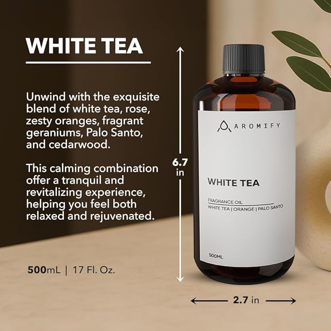 White Tea Diffuser Oil, 16.9 FL Oz, 500 mL, Aroma Essential Oil for Scent Diffusers, Luxury Hotel Scent for Home, Bathroom, Spa & Office, Natural White Tea Fragrance Oil, Orange & Palo Santo.