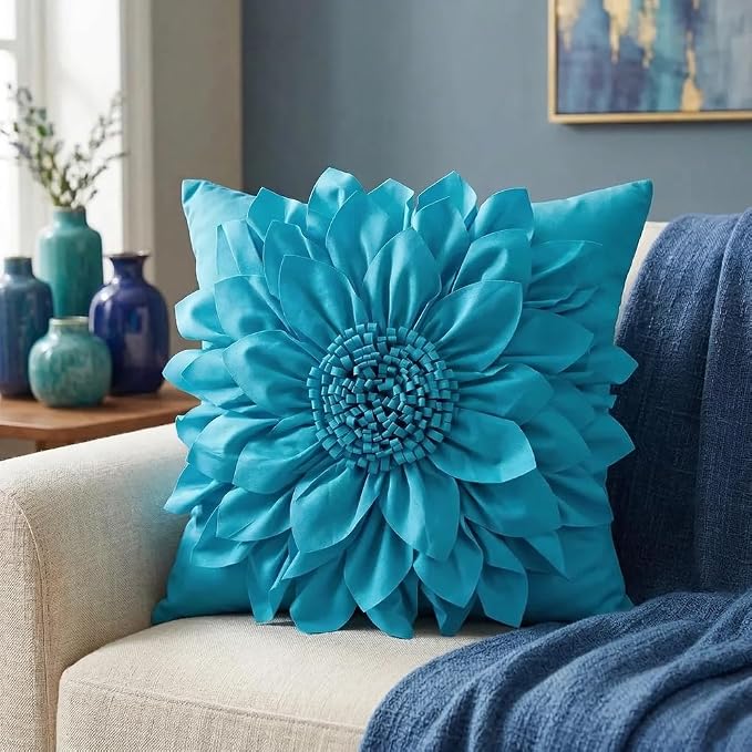 Teal Blue Accent Flower Decorative Throw Pillow Covers - Image 5