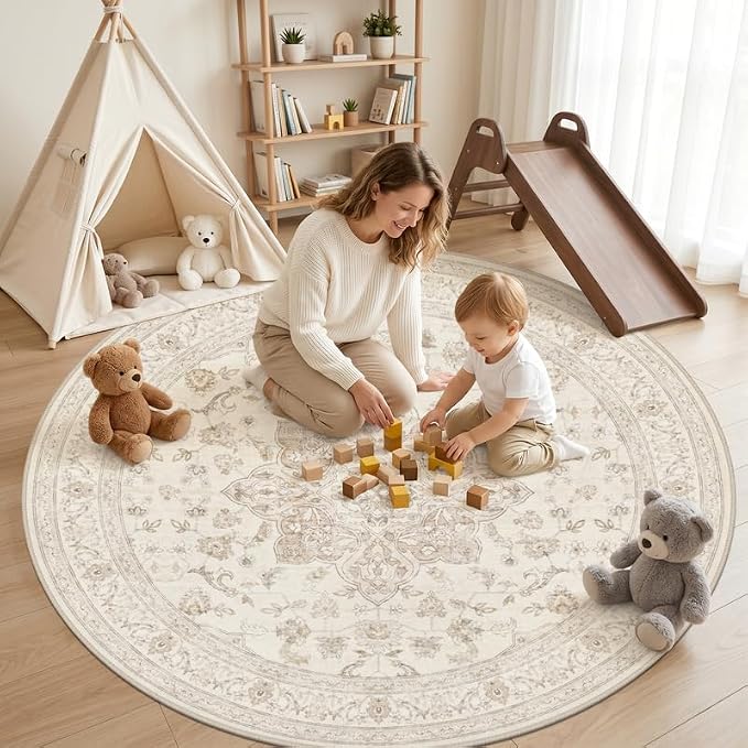 Round Area Rug Living Room: 6ft Washable Carpet Beige White | Vintage Boho - Image 3