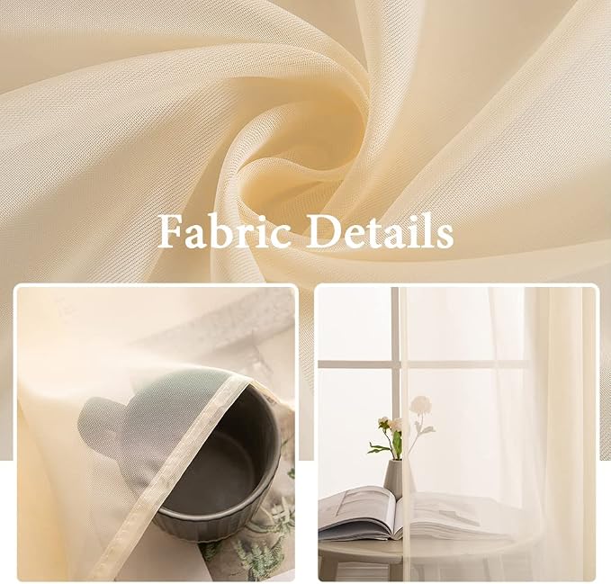 MIULEE Cream Beige Sheer Curtains 38 X 84 Inches, 2 Panels | Window, Solid Color - Image 3