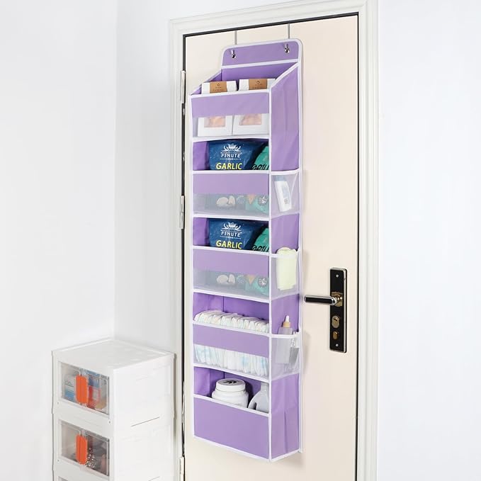 Univivi 5-Shelf Over The Door Hanging Organizer, Back of Door Organizer with 5 Compartments 6 Side Pockets for Baby Bedroom and Bathroom Storage (Purple)