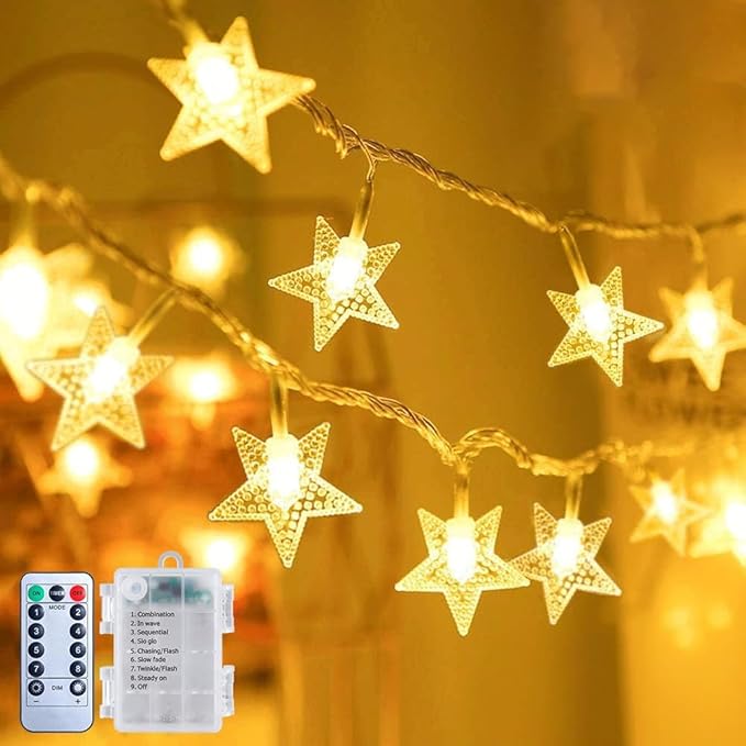 Brightown Star String Lights Battery Operated - 17 ft 50 LED Star Fairy String Lights with Remote and Timer, 8 Modes Waterproof for Bedroom Tent Loft Bed Patio Party Wedding Decor, Warm White