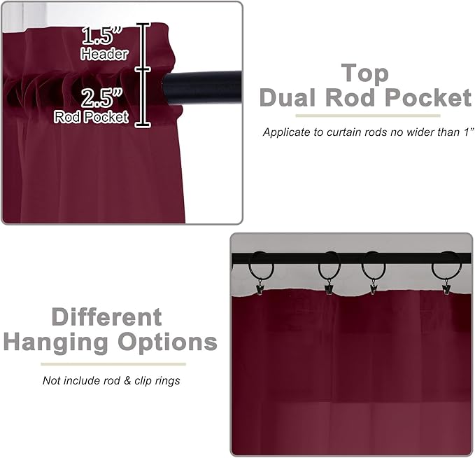 Kitchen Curtains 24 Inch Length Tier 2 Pieces, Burgundy Sheer Curtain Solid - Image 4