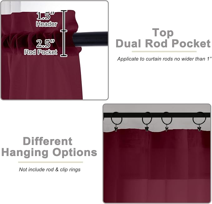 Burgundy Sheer Curtains for Bedroom Living Room 54 Inch Length 2 Panels Set - Image 4
