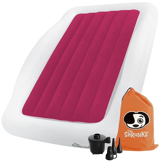 The Shrunks Pink Toddler Travel Bed | Inflatable Kids Air Mattress with Safety Bumpers & Electric Pump | Portable Blow-Up Bed for Camping, Sleepovers, Travel | Floor Bed Fits Standard Crib Sheets