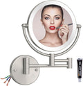 Premium 8" Brass Lighted Wall Mount Makeup Mirror with Magnification, 1X/5X Double-Sided Adjustable Bathroom Wall-Mounted Mirrors Swing Arm, Touch Dimming, Brushed Nickel Finish, Hard Wired