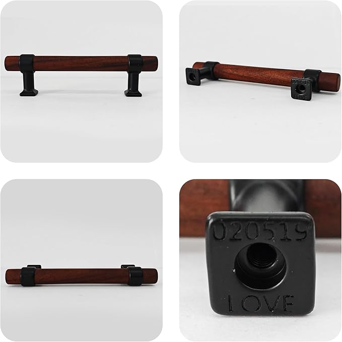 4Pcs 5.35” Walnut Wood Drawer Pulls, 96mm/3.78" Hole Center, Kitchen Cabinet Hardware Handles, Metal and Wooden Cabinet Knobs, T Bar Knob Pull Handles for Wardrobe, Dresser, Cupboard