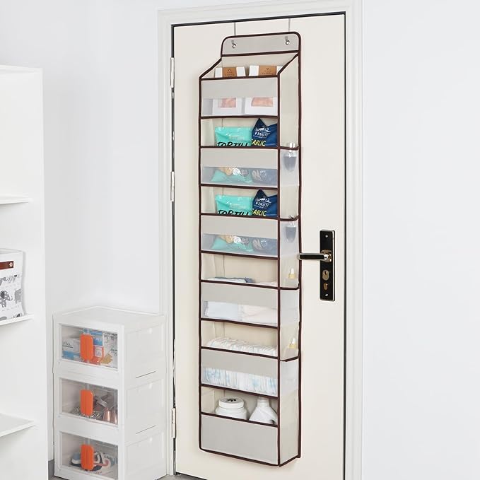 Univivi 6 Tier Over The Door Organizer With 8 Mesh Side Pockets, Bathroom Organizers and Storage Over The Door Organizer For Nursery Baby Essentials (Beige)