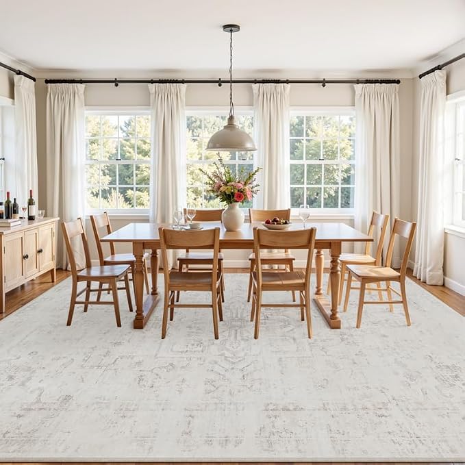 8x10 Area Rugs Living Room: Bedroom Washable Carpet Neutral Cream | Large - Image 3