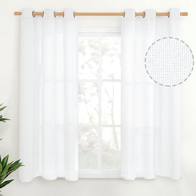 YoungsTex Linen White Semi Sheer Curtains 54 Inch Length 2 Panels Grommet | by YoungsTex