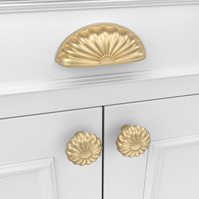 goldenwarm 6 Pack Gold Cabinet Handles Drawer Pulls Finger Edge Pull for Half Moon Cup Luxury Hardware 3" Hole Center Brushed Brass Knobs