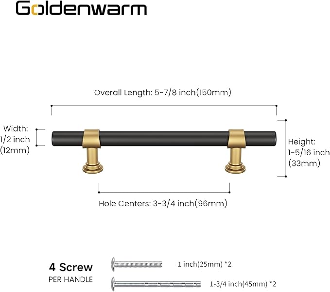 goldenwarm 10 Pack Black and Gold Cabinet Pulls 3-3/4 Inch Kitchen Cabinet Handles Black Kitchen Drawer Pulls for Dresser Bathroom Modern Hardware,Zinc Alloy Base