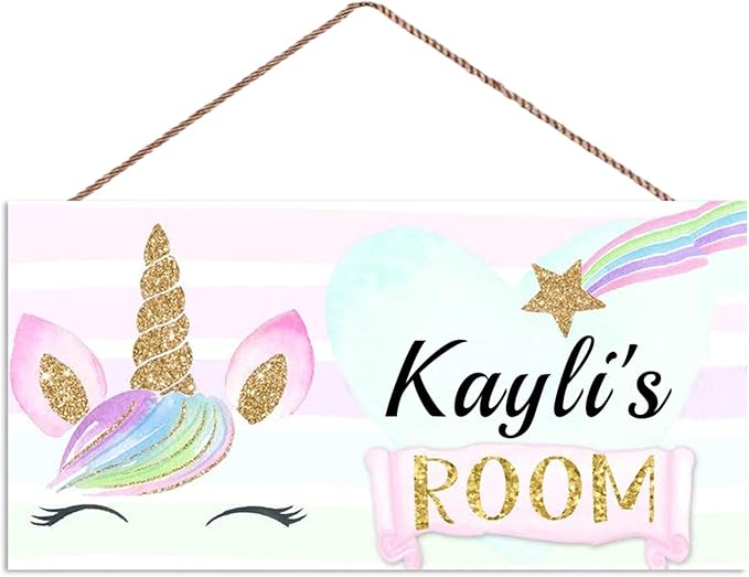 Personalized Signs Rainbow Unicorn Sign Kids Door Sign Wall Decor Art Sign for Kids Room Bedroom Game Room Custom Name Girls Room