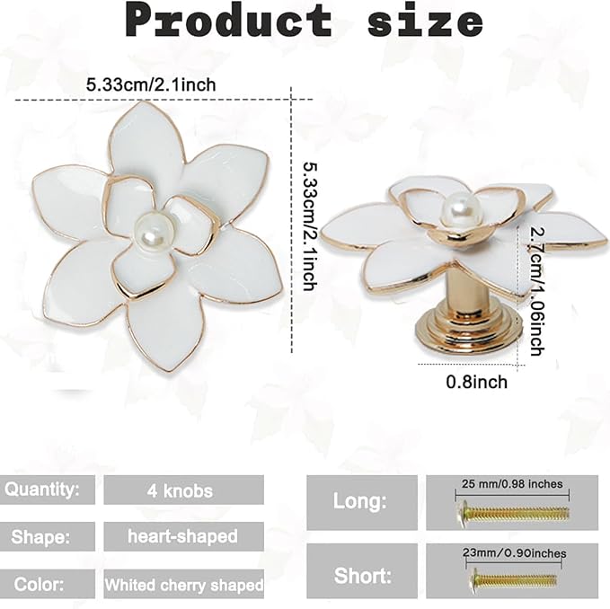 4 Pcs Petal Cabinet Knobs，Zinc Alloy Flower Shape Single Hole Knob with Screws for Dresser Handles Cabinet Wardrobe Door Handle Decorative Furniture (White Flower Pearl)
