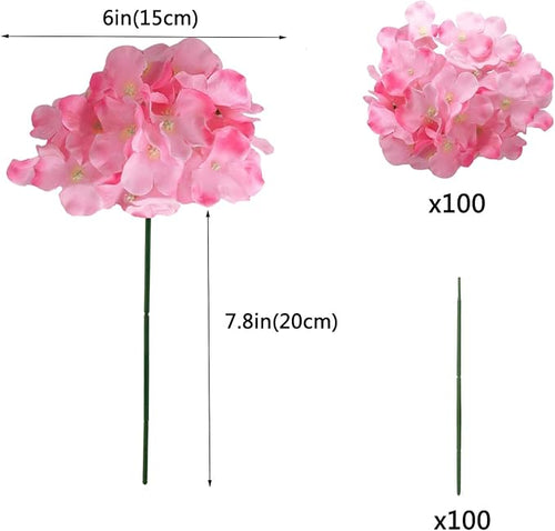 100PCS Artificial Hydrangea Flowers, Fake Flowers Silk Hydrangea Full Flowers Heads with Stems for Wedding Home Party Shop Baby Shower Decor (Dark Pink)