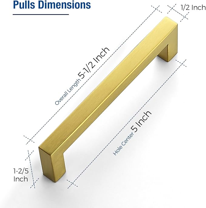 JOY DECOR 4 Pack Cabinet Handles, Gold Cabinet Pulls, 5 Inch Kitchen Closet Handles Square Drawer Pulls Stainless Steel Drawer Hardware, 128mm Hole Centers
