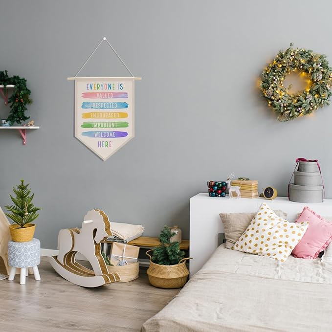 Everyone Is Welcome Here Sign Boho Classroom Decor Rainbow Decorations Canvas Hanging Pennant Flag Banner Wall Sign Decor for Playroom Bedroom
