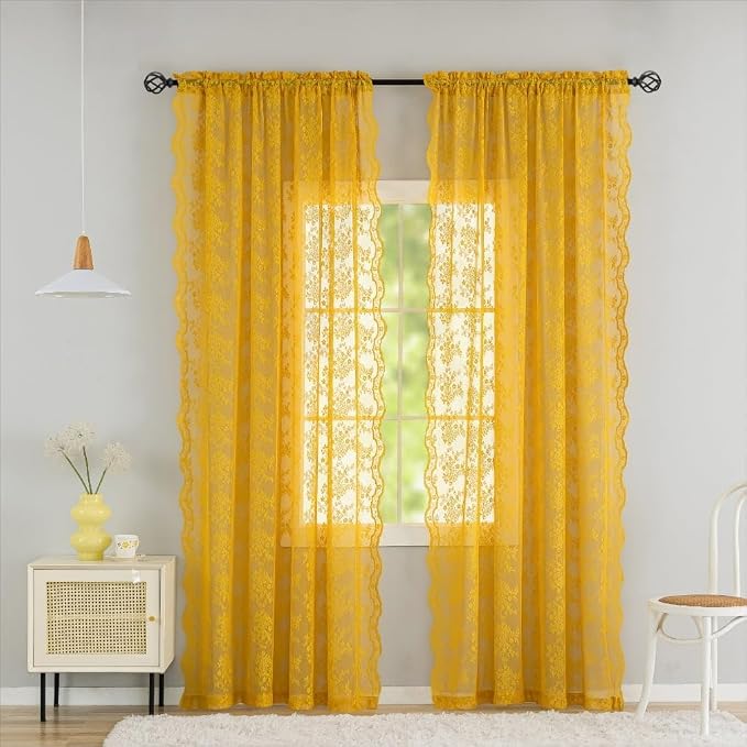 YJ YANJUN Vintage Lace Curtains 72 Inches Long-Victorian Floral Pattern Mustard - Image 2