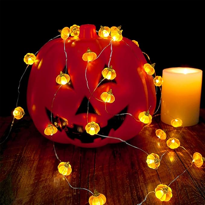 BOHON Halloween Lights 3D Jack-o-Lantern 10ft 30 LEDs Pumpkin String Lights Battery Powered Orange Lights for Halloween Party Indoor Fall Outdoor Harvest Thanksgiving Decorations