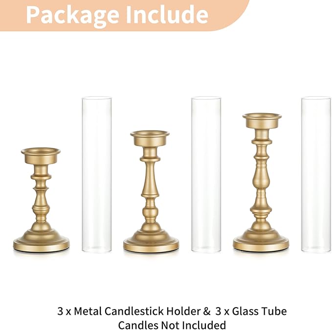 NUPTIO Hurricane Candle Holder for Centerpiece: Set of 3 Gold Candlestick Holders with Glass Shade - Vintage Taper Candleholder for Christmas Dining Table Fireplace Mantle Decor