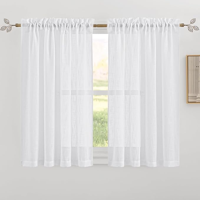 RYB HOME White Sheer Curtains for Kitchen, Light Filtering Textured Short Durability Drapes for Small Window, Curtain Tiers for Bathroom, W 42 x L 45 inches, 2 Panels Set