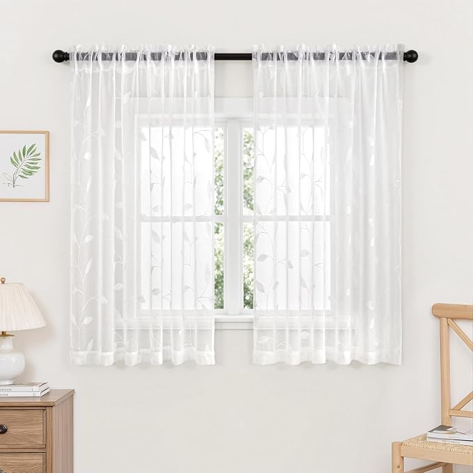 MIULEE White Sheer Curtains 2 Panels Embroidered Leaf Patterned, W52 x L54 | by MIULEE