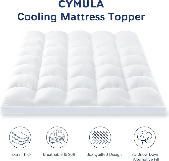 CYMULA Full Size Mattress Topper, Cooling Mattress Pad Cover, Extra Thick Pillow Top Mattress Topper with 8-21 Inch Elasticated Deep Pockets, Plush Down Alternative Fill Mattress Protector