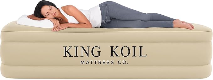 King Koil Luxury Queen Size Air Mattress with High-Speed Built-in Pump, Blow Up Bed Top Side Flocking, Puncture Resistant, 16in Double High Inflatable Airbed Guests or Travel 1-Year Warranty