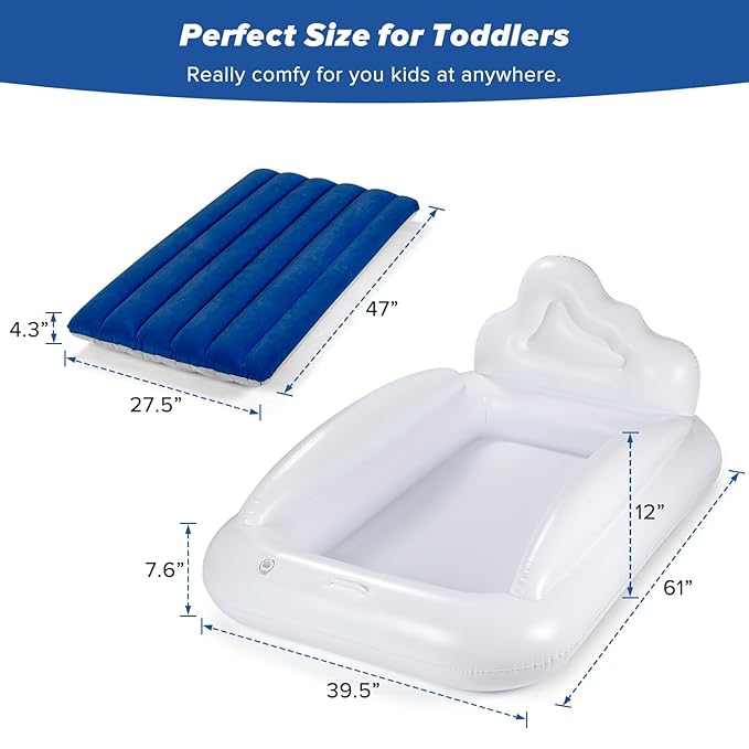 Inflatable Toddler Travel Bed, Reversible 2 Color Kids Air Mattress | Kids Blow up Mattress with Sides | Portable Toddler Bed for Travel, Sleepovers - Navy Blue & Grey