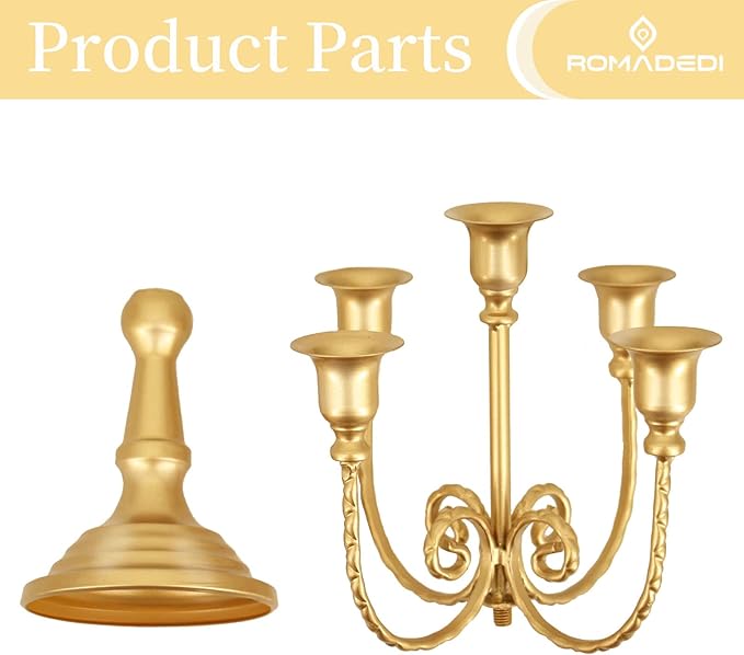 Romadedi Candelabra Gold Candle Holders - 5 Arm 11.8" Wedding Candlestick Holder for Theme Party Table Centerpiece Decor Dining Room Birthday Holiday Christmas, Set of 6