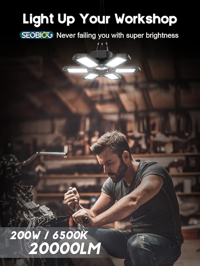 SEOBIOG 2 Pack Plug in Garage Light, Upgraded 200W 20000LM Linkable LED Shop Light, 6500K Ceiling Lights w/ 6 Deformable Panels for Garage, Warehouse, Barn, Basement (Built-in ON/Off Switch)