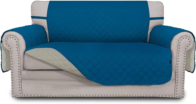 Easy-Going Reversible Couch Cover, 2 Cushion Sofa, Peacockblue/Beige | Loveseat by Easy-Going