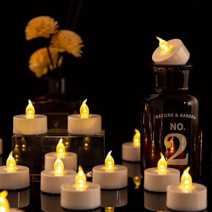 Hanzim Battery Tea Lights, 50 Pack LED Tea Light Candles 100 Hours Realistic Flickering Bulb Battery Operated Tea Lights for Seasonal Festival Celebration Electric Fake Candle in Warm Yellow