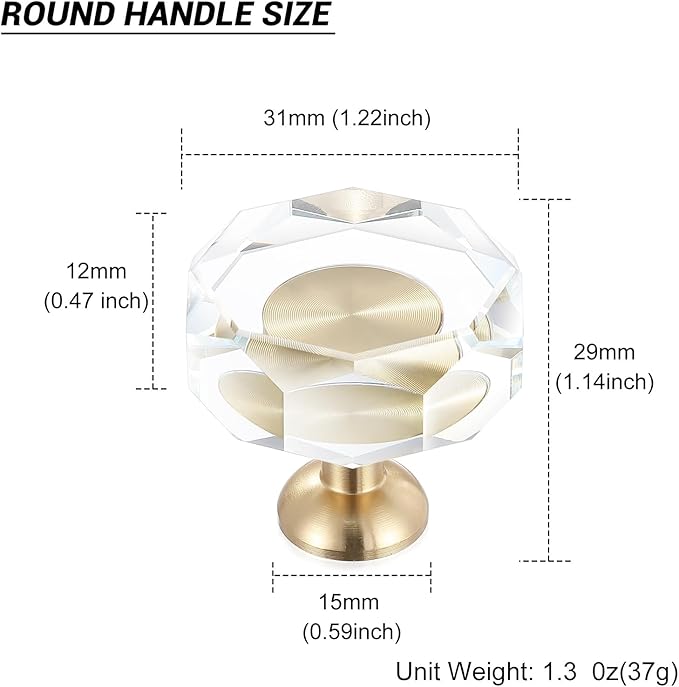 6-Pack 1-1/4-Inch White Cabinet Glass Crystal Patterned knob Brass Drawer Dresser Pulls, Gold Hardware Kitchen Closet knobs for Bifold Doors