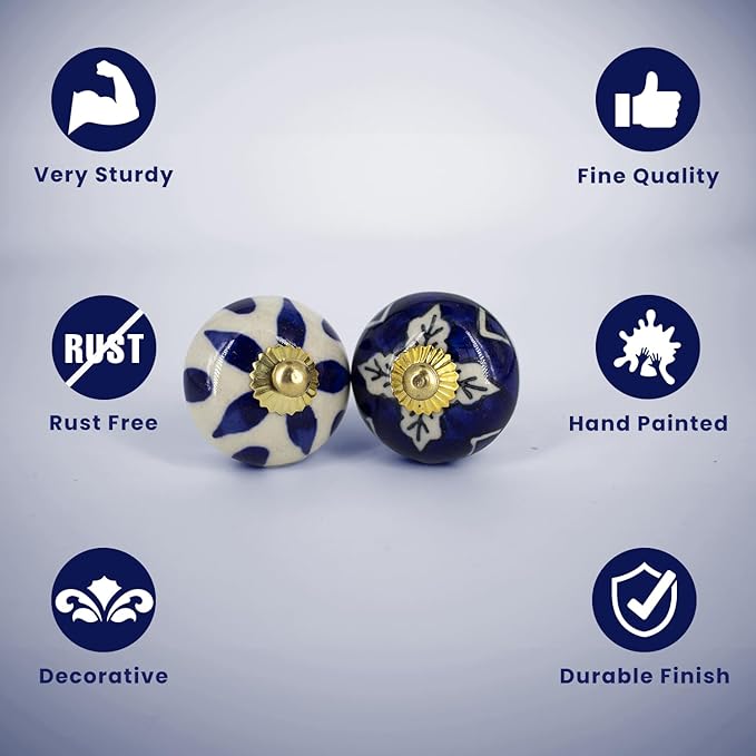 Handmade Blue Blessing Ceramic Stone Cabinet Knobs, Vintage Decorative Drawer Pulls for Trendy Cabinets, Modern Dressers & Cupboards, Knobs for Kitchen & Furniture - Set of 6