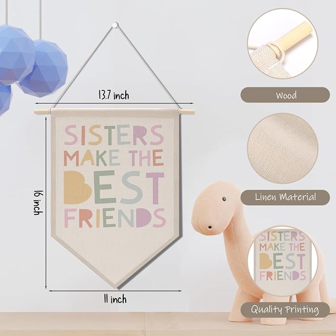 Cute Girl Decor Canvas Banner, Girls Room Decor, Flags for Bedroom Girls, Bedroom Playroom Wall Art Decorations, Boho Twin Sign, Siblings Room Hanging Pennant Flag Banner