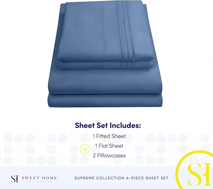 Queen Size Bed Sheets - Breathable Luxury Sheets with Full Elastic & Secure Corner Straps Built In - 1800 Supreme Collection Extra Soft Deep Pocket Bedding Set, Sheet Set, Queen, Denim