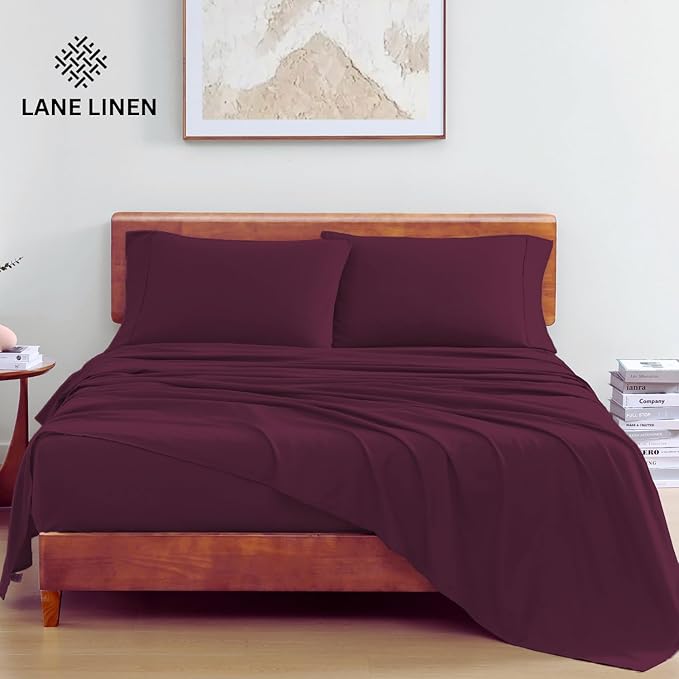 LANE LINEN 100% Organic Cotton Eco Friendly Full Size Bed Sheets, Mercerized Fully Elasticized Cotton Sheets Full, Percale Weave Soft & Comfy Comes in Variety of Colors- Windsor Wine