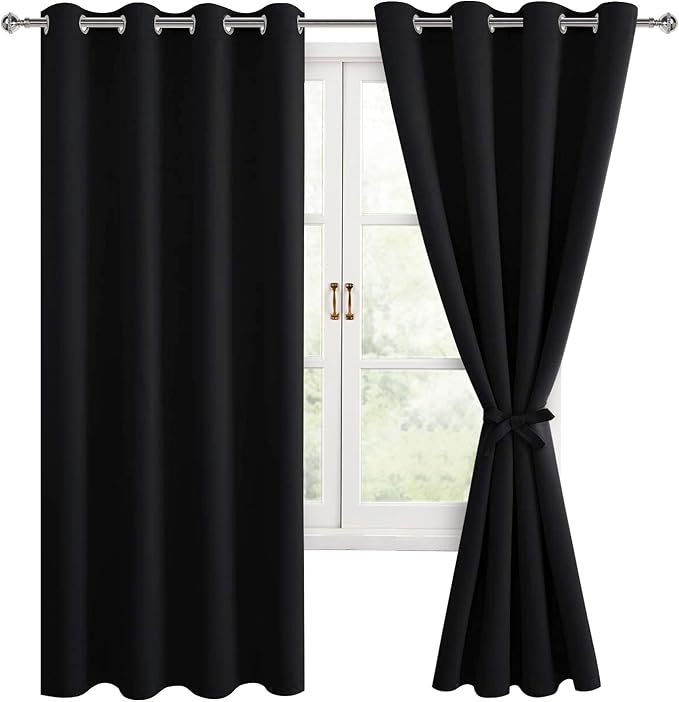 Blackout Curtains for Bedroom, 52 x 63 Inches Length Black 2 Panels | Thermal by Hiasan