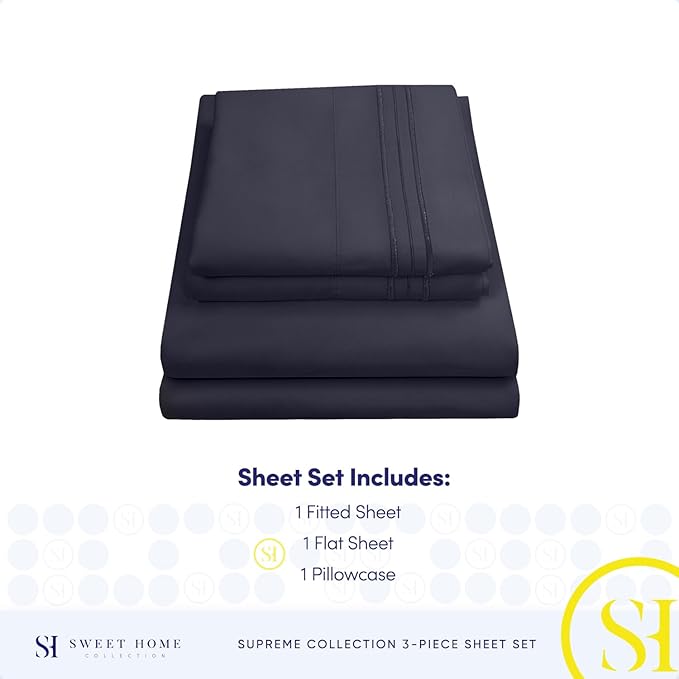 Twin Sheets - Breathable Luxury Sheets with Full Elastic & Secure Corner Straps Built In - 1800 Supreme Collection Extra Soft Deep Pocket Bedding Set, Sheet Set, Twin, Navy