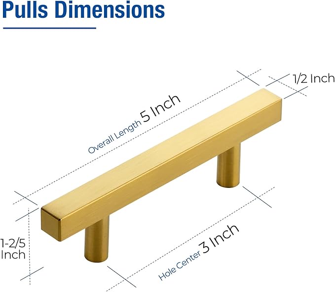 JOY DECOR 30 Pack 3 Inch Brushed Brass Square Cabinet Handles Stainless Steel Cabinet Hardware Pulls for Kitchen and Drawers with 5 Inch Overall Length