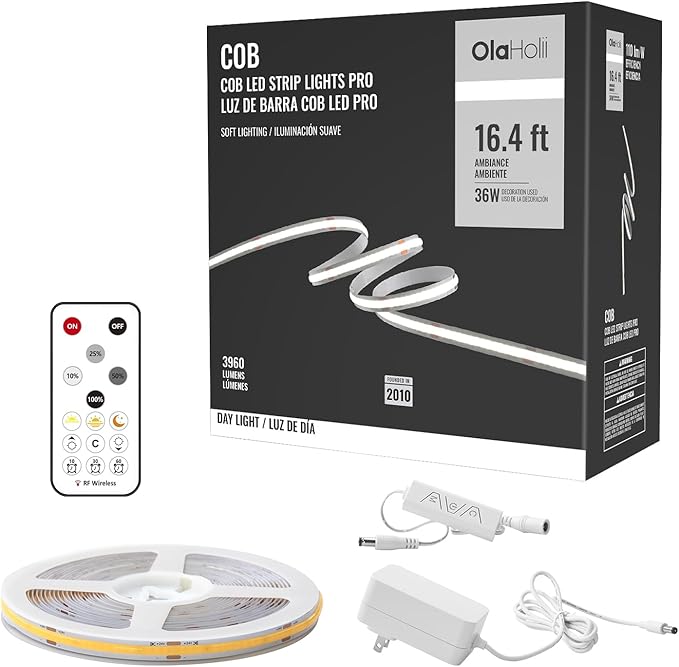 16.4ft COB Led Strip Light with Remote, 6500K Dimmable Bright Daylight White Led COB Strip Light, White Continuous Led Strip Light for Mirror, Stair, Cabinet, Room