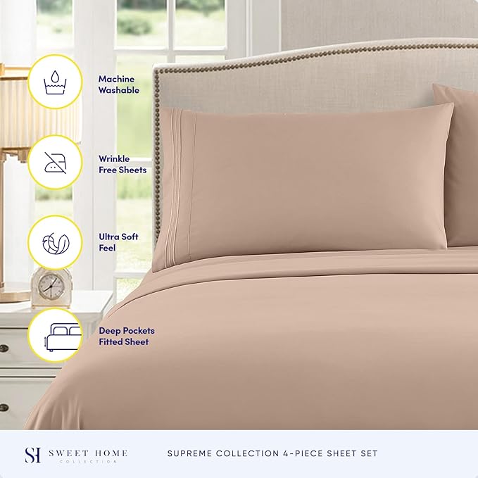 Full Size Sheet Sets - Breathable Luxury Sheets with Full Elastic & Secure Corner Straps Built In - 1800 Supreme Collection Extra Soft Deep Pocket Bedding Set, Sheet Set, Full, Taupe